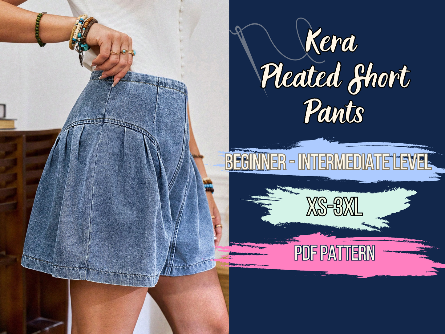 Short Pants Sewing Pattern, Pleated Ruffled High Waist Women, Denim Shorts Pattern, XS-3XL, Instant Download PDF Template