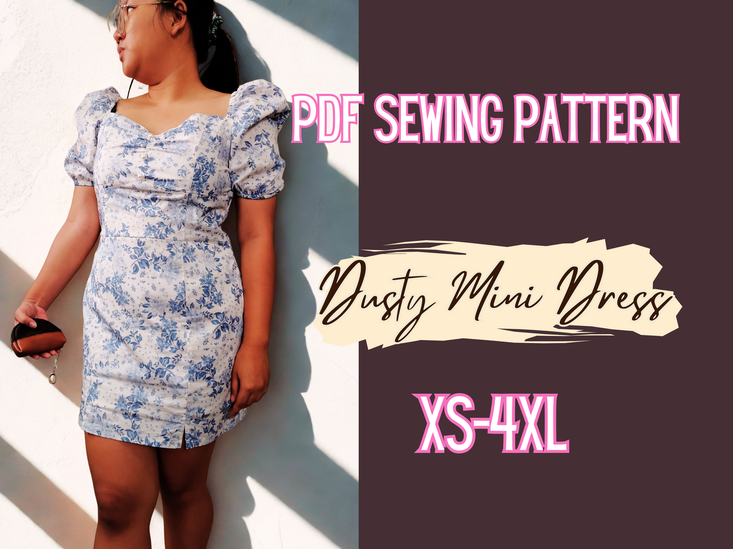 Dress Pattern, Sweetheart neck ,PDF Pattern, XS-4XL,Puff Sleeve,Pencil skirt, Woman Dress, Lady Template clothes, mini dress