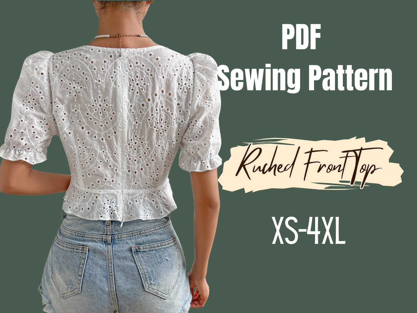 Patrón de blusa peplum con cuello corazón, costura digital, mangas abullonadas, dobladillo con volantes, PDF, tallas XS-4XL