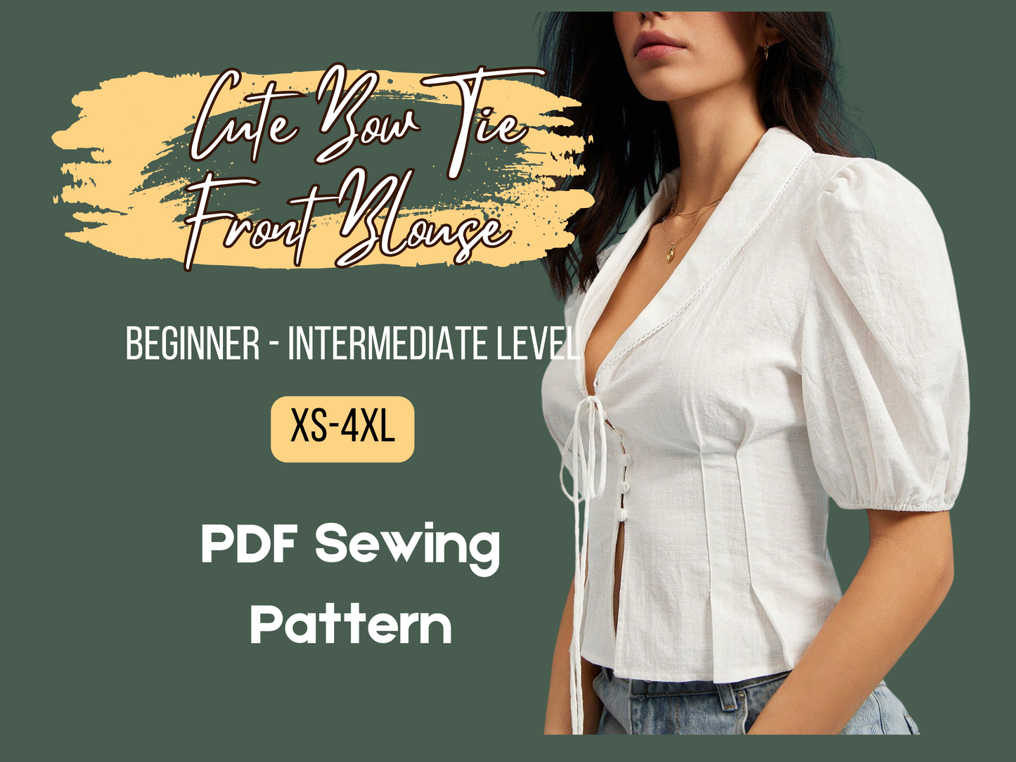 Patrón de blusa, cuello en V profundo, botones delanteros, bonito lazo delantero, mangas cortas abullonadas, plisado, estilo western, PDF, tallas XS-4XL, patrón de costura para mujer