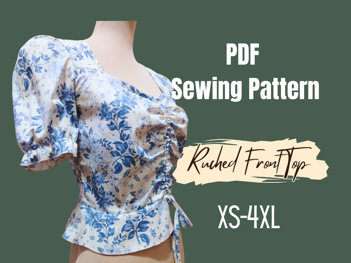 Patrón de blusa peplum con cuello corazón, costura digital, mangas abullonadas, dobladillo con volantes, PDF, tallas XS-4XL
