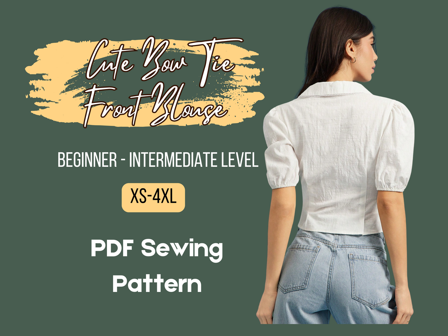 Patrón de blusa, cuello en V profundo, botones delanteros, bonito lazo delantero, mangas cortas abullonadas, plisado, estilo western, PDF, tallas XS-4XL, patrón de costura para mujer