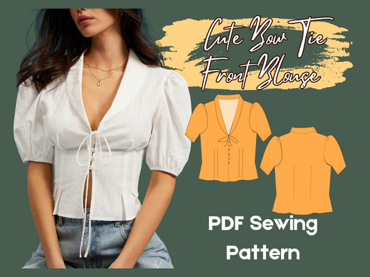Blusenmuster, Kragen, tiefer V-Ausschnitt, Knopfleiste vorne, süße Fliege vorne, kurze Puffärmel, plissiertes Westerntop, PDF XS-4XL, Schnittmuster für Frauen