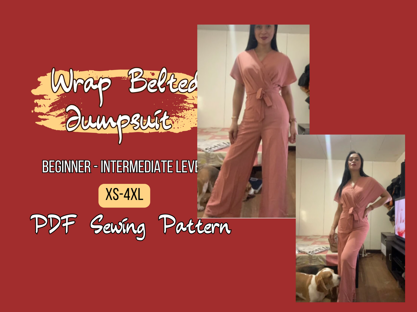 Patrón de mono para mujer, cinturón, pantalones anchos, cruzados, patrón de costura, tallas XS-4XL, descarga instantánea, ropa informal