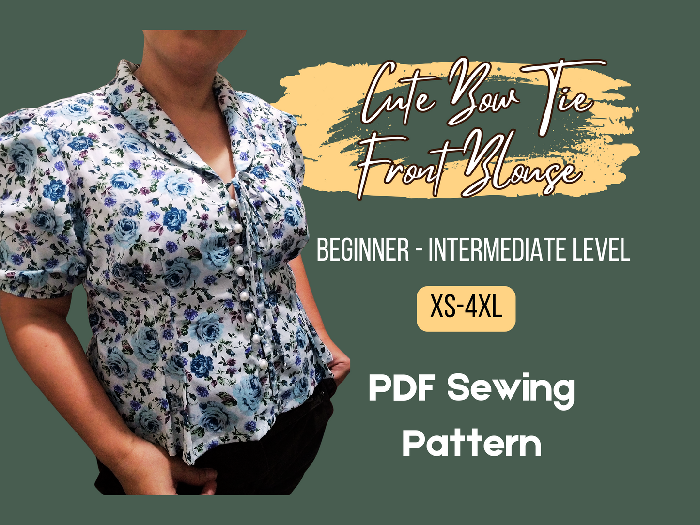 Patrón de blusa, cuello en V profundo, botones delanteros, bonito lazo delantero, mangas cortas abullonadas, plisado, estilo western, PDF, tallas XS-4XL, patrón de costura para mujer