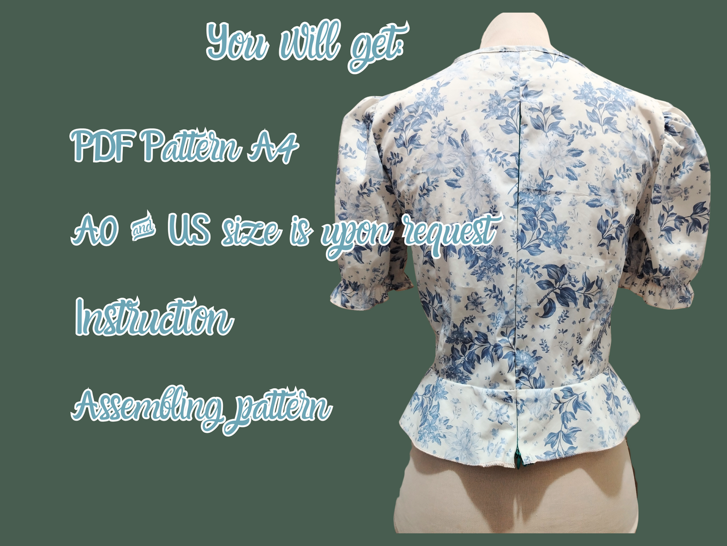 Patrón de blusa peplum con cuello corazón, costura digital, mangas abullonadas, dobladillo con volantes, PDF, tallas XS-4XL