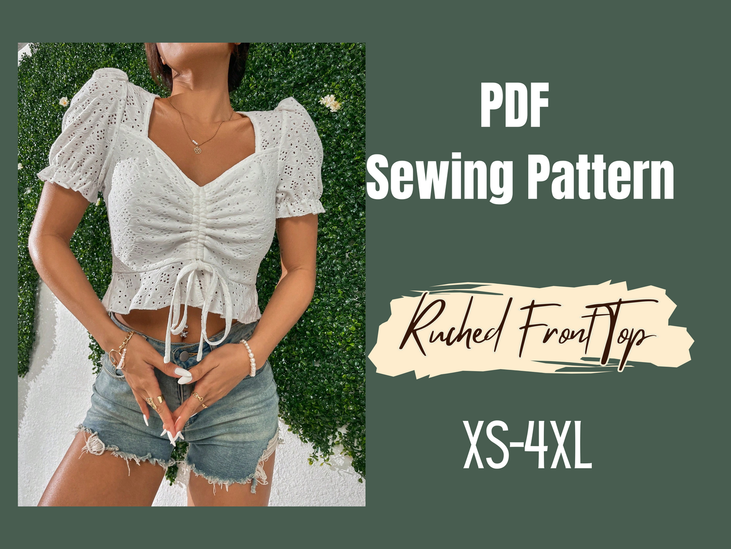 Patrón de blusa peplum con cuello corazón, costura digital, mangas abullonadas, dobladillo con volantes, PDF, tallas XS-4XL