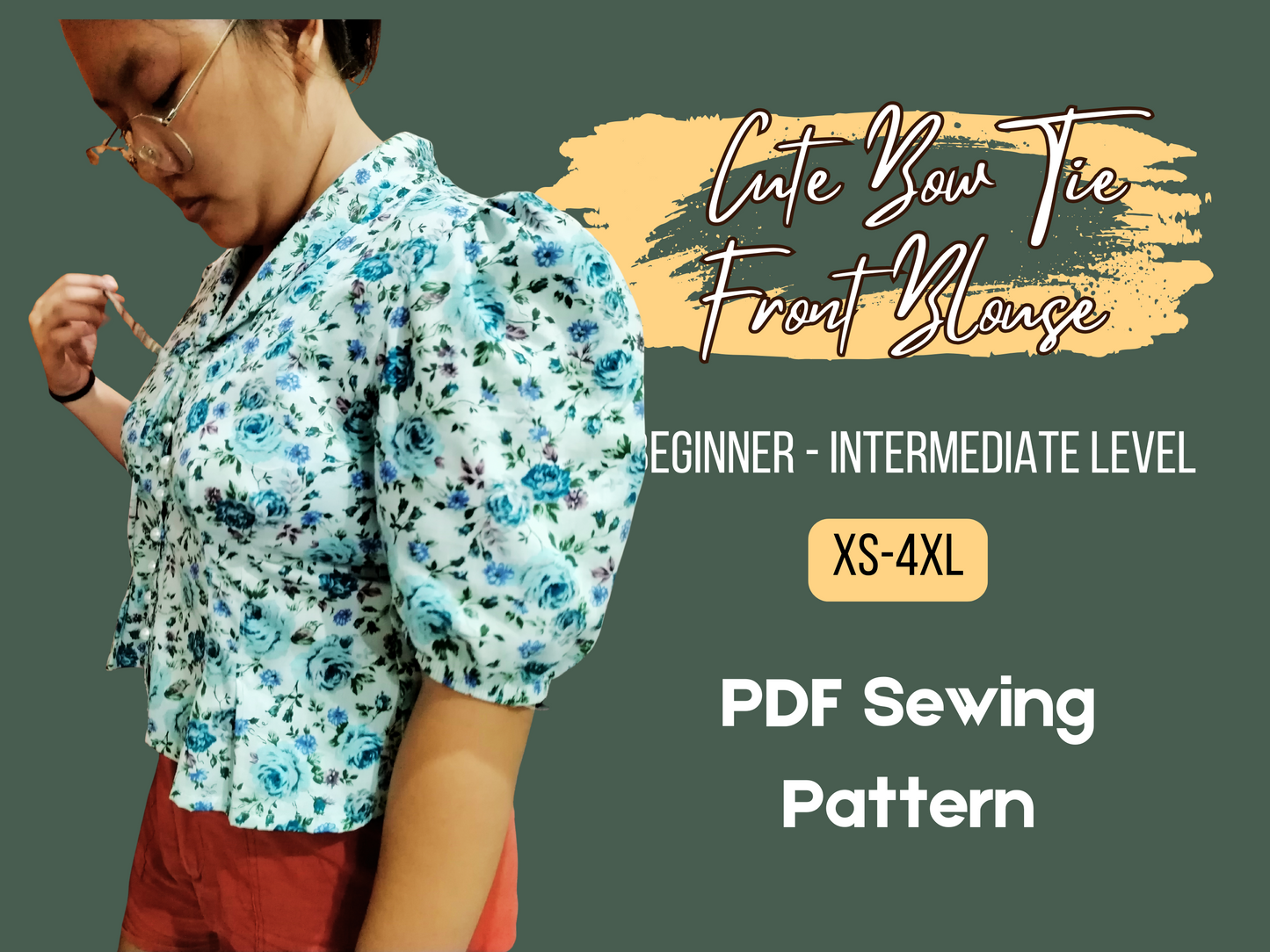 Patrón de blusa, cuello en V profundo, botones delanteros, bonito lazo delantero, mangas cortas abullonadas, plisado, estilo western, PDF, tallas XS-4XL, patrón de costura para mujer