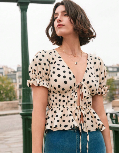 Schnittmuster für Bluse mit Bindeband vorne, PDF, XS-XXXL, Oberteil für Damen und Teenager, Volantsaum, tiefer Ausschnitt, Kordelzug vorne