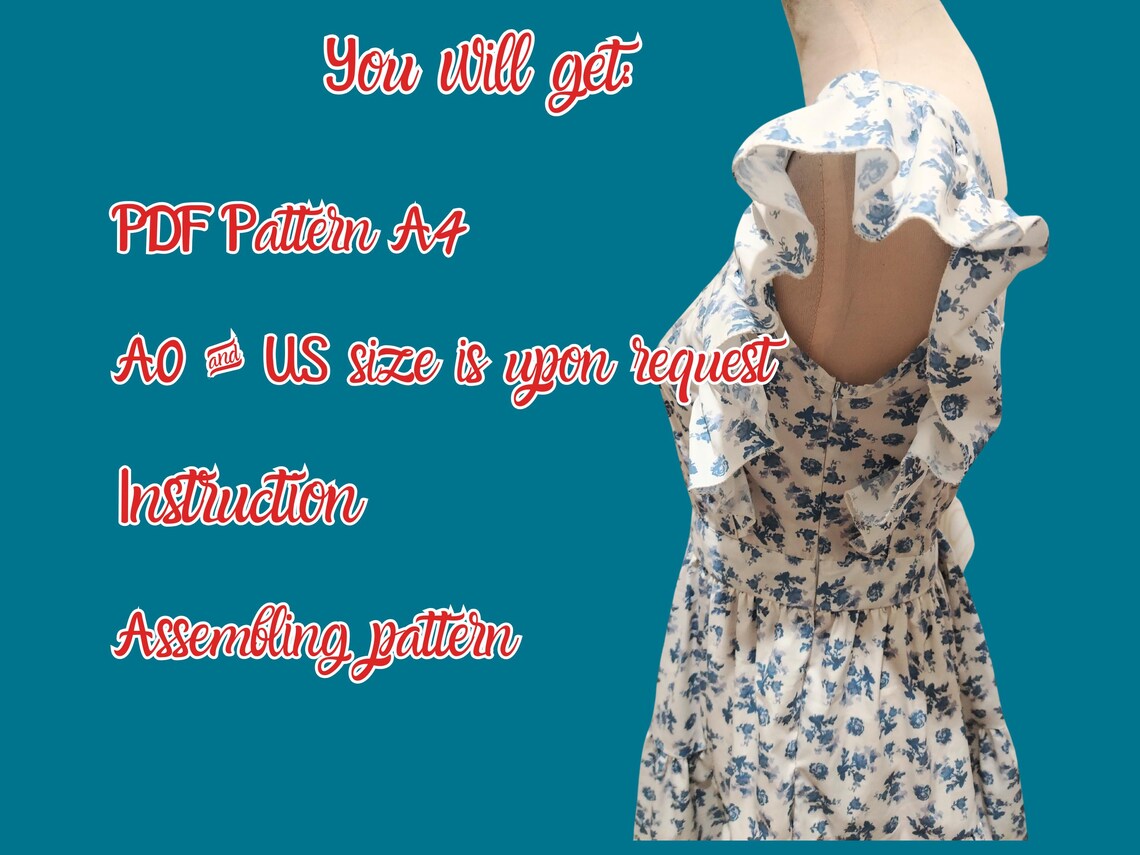 Dress Ruffle Sleeve Pattern, PDF, XS-4XL, Tier Skirt , Plus size , Easy to sew dress, Teen Outfit, Woman template, Short Dress Pattern