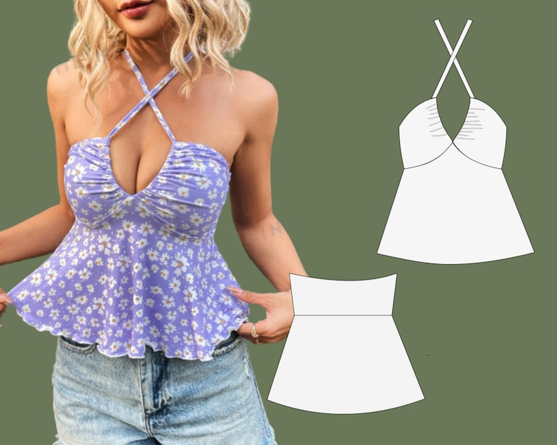 Patrón de costura para top halter, espalda con lazo, sin mangas, top corto, atuendo de verano DIY, fácil de coser, patrón XS-XXXL