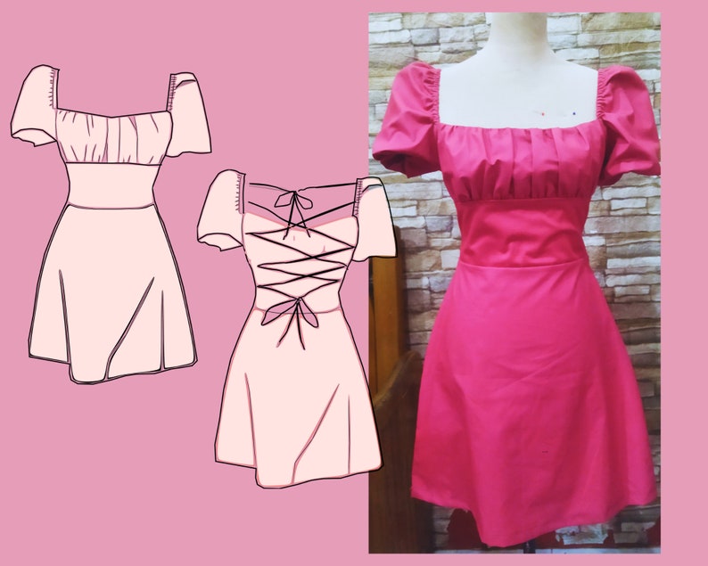 Patrón de vestido sin espalda, vestido sexy cruzado para mujer adolescente, patrón en PDF, minivestido con mangas abullonadas (tallas XS-3XL), falda en forma de A