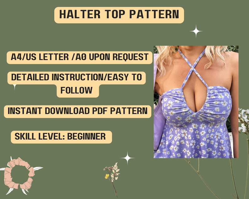 Patrón de costura para top halter, espalda con lazo, sin mangas, top corto, atuendo de verano DIY, fácil de coser, patrón XS-XXXL