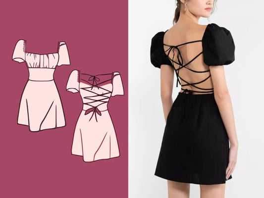 Patrón de vestido sin espalda, vestido sexy cruzado para mujer adolescente, patrón en PDF, minivestido con mangas abullonadas (tallas XS-3XL), falda en forma de A
