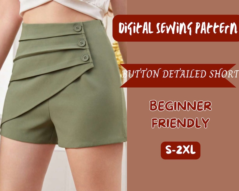 High Waist Shorts, button front, PDF Pattern, Summer Streetwear, Young Girls bottom, DIY Short, Overlap front