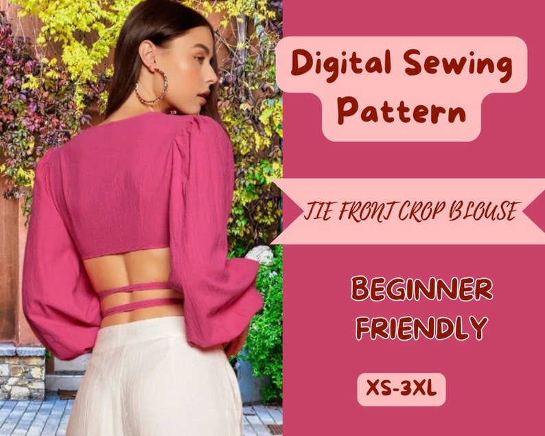 Schnittmuster für Top mit Bindeband vorne, Crop Top, kein Reißverschluss, einfach zu nähen, XS-3XL PDF, Sommeroutfit mit Bischofsärmeln