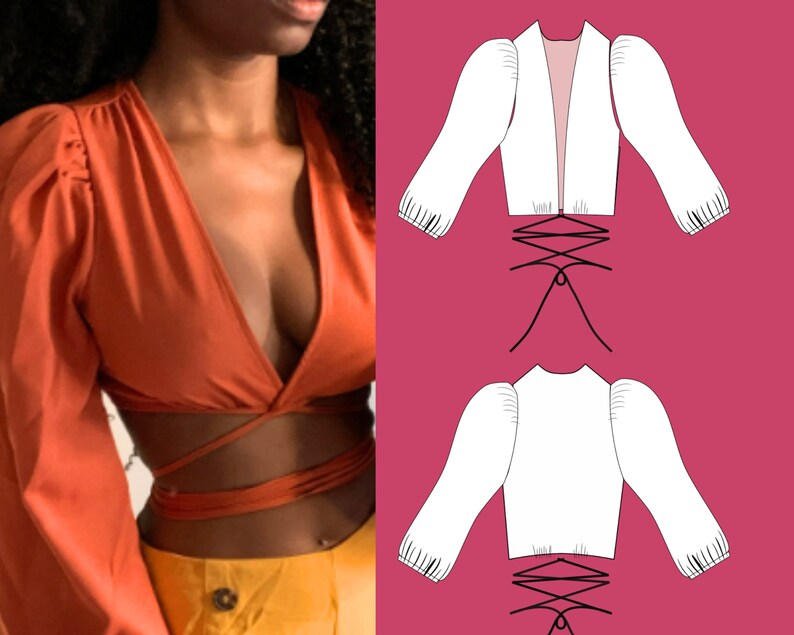 Schnittmuster für Top mit Bindeband vorne, Crop Top, kein Reißverschluss, einfach zu nähen, XS-3XL PDF, Sommeroutfit mit Bischofsärmeln