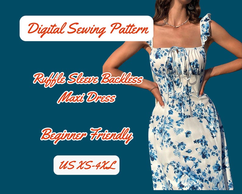 Backless Dress Sewing Pattern, Maxi, Tie back, Crisscross, XS-4XL Woman Floral Party, Vacation Dress PDF Pattern, Ruffle Sleeve