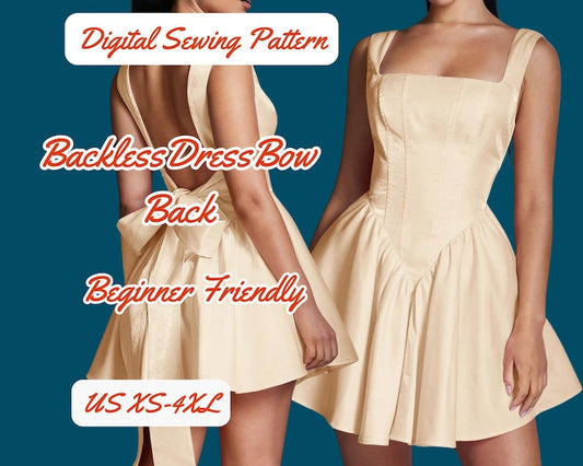 Dress backless Pattern, Bow back High Waist Party Pdf Pattern Women Holiday Dress V shape Corset Dress 2 design, XS-4XL, Prom Birthday Dress