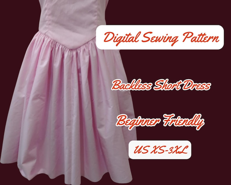 Dress backless Pattern, Bow back High Waist Party Pdf Pattern Women Holiday Dress V shape Corset Dress 2 design, XS-4XL, Prom Birthday Dress