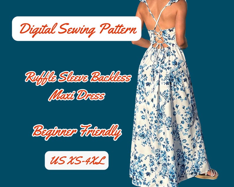Backless Dress Sewing Pattern, Maxi, Tie back, Crisscross, XS-4XL Woman Floral Party, Vacation Dress PDF Pattern, Ruffle Sleeve