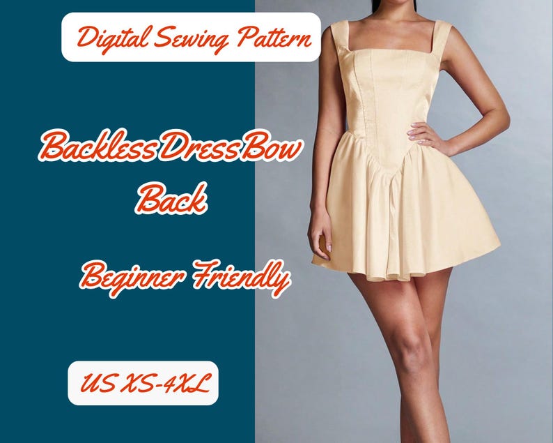 Dress backless Pattern, Bow back High Waist Party Pdf Pattern Women Holiday Dress V shape Corset Dress 2 design, XS-4XL, Prom Birthday Dress