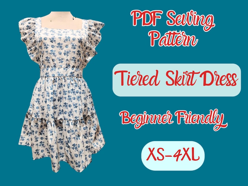 Dress Ruffle Sleeve Pattern, PDF, XS-4XL, Tier Skirt , Plus size , Easy to sew dress, Teen Outfit, Woman template, Short Dress Pattern