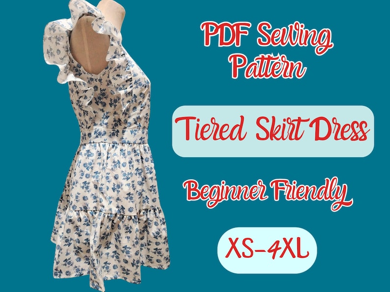 Dress Ruffle Sleeve Pattern, PDF, XS-4XL, Tier Skirt , Plus size , Easy to sew dress, Teen Outfit, Woman template, Short Dress Pattern