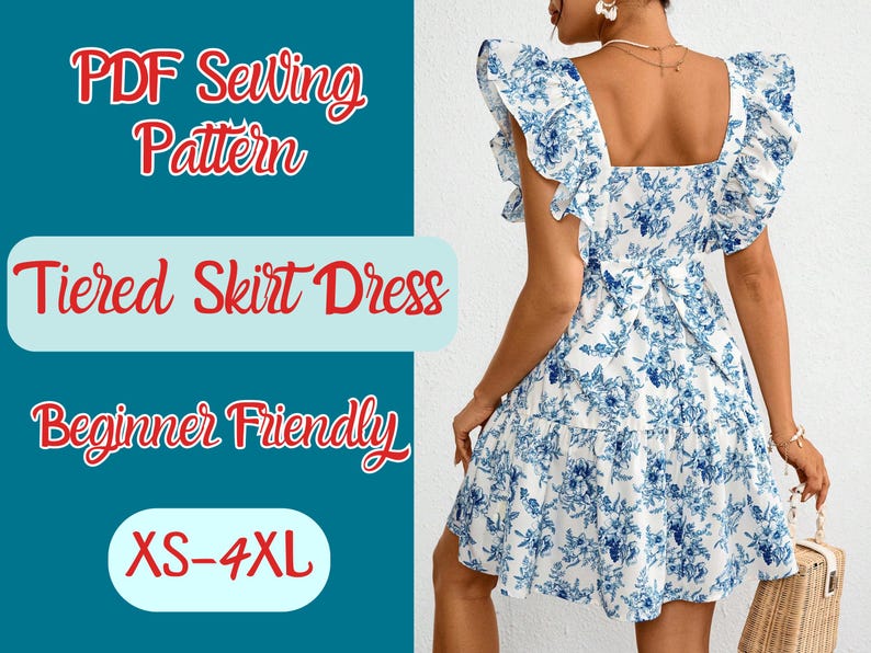 Dress Ruffle Sleeve Pattern, PDF, XS-4XL, Tier Skirt , Plus size , Easy to sew dress, Teen Outfit, Woman template, Short Dress Pattern