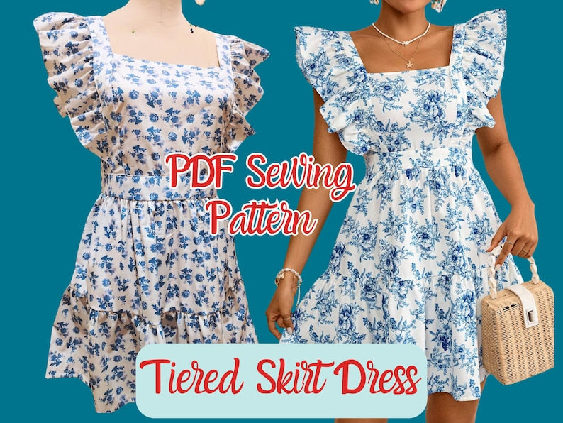 Dress Ruffle Sleeve Pattern, PDF, XS-4XL, Tier Skirt , Plus size , Easy to sew dress, Teen Outfit, Woman template, Short Dress Pattern