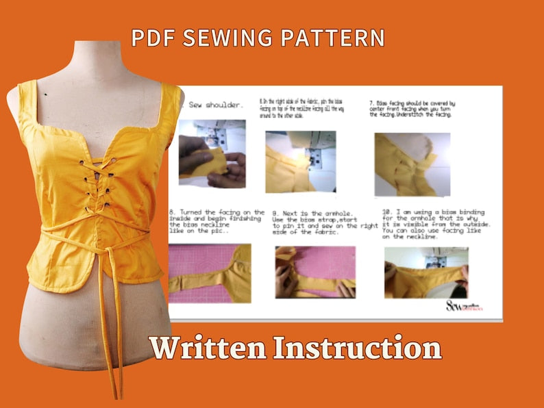 Patrón de blusa con lazo delantero, camiseta sin mangas, con cordones, fácil de coser para mujer, descarga digital XS-4XL, atuendo de verano, patrón de costura para mujer