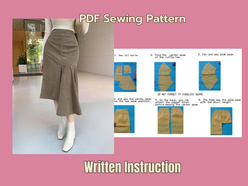 Patrón de falda con volantes, patrón PDF de falda asimétrica, tallas XS-4XL, descargable, patrón digital para mujer.