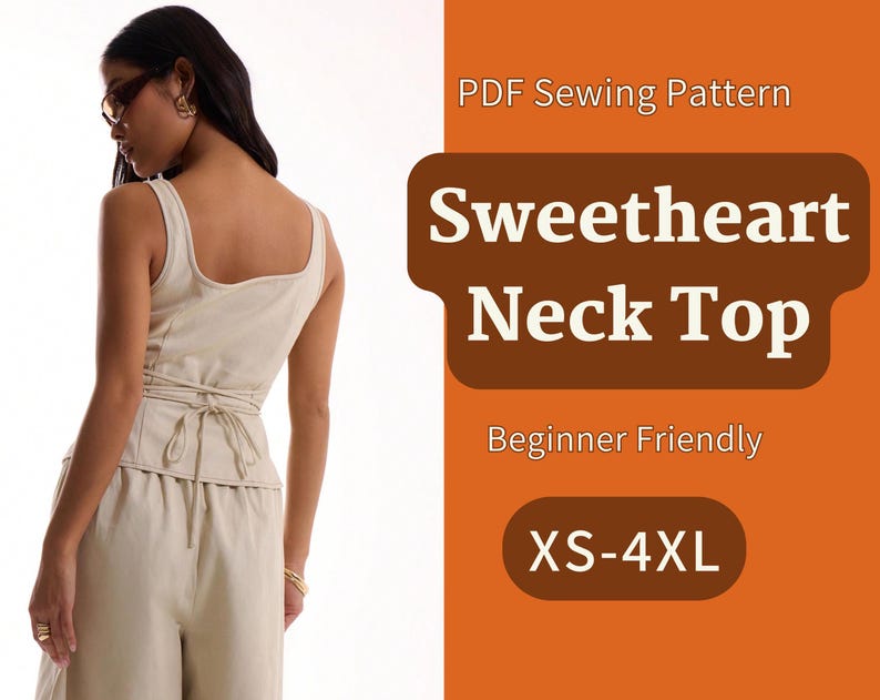 Patrón de blusa con lazo delantero, camiseta sin mangas, con cordones, fácil de coser para mujer, descarga digital XS-4XL, atuendo de verano, patrón de costura para mujer