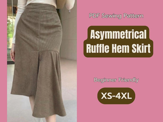 Rockmuster, Rüschensaum, asymmetrischer Rock PDF-Muster, XS-4XL, herunterladbares Damenoutfit, digitales Muster