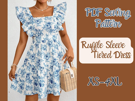 Dress Ruffle Sleeve Pattern, PDF, XS-4XL, Tier Skirt , Plus size , Easy to sew dress, Teen Outfit, Woman template, Short Dress Pattern