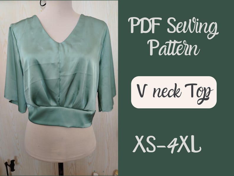 Patrón de top corto, top con mangas de mariposa, patrón en PDF, tallas Xs-4XL, blusa sin cremallera, fácil de coser