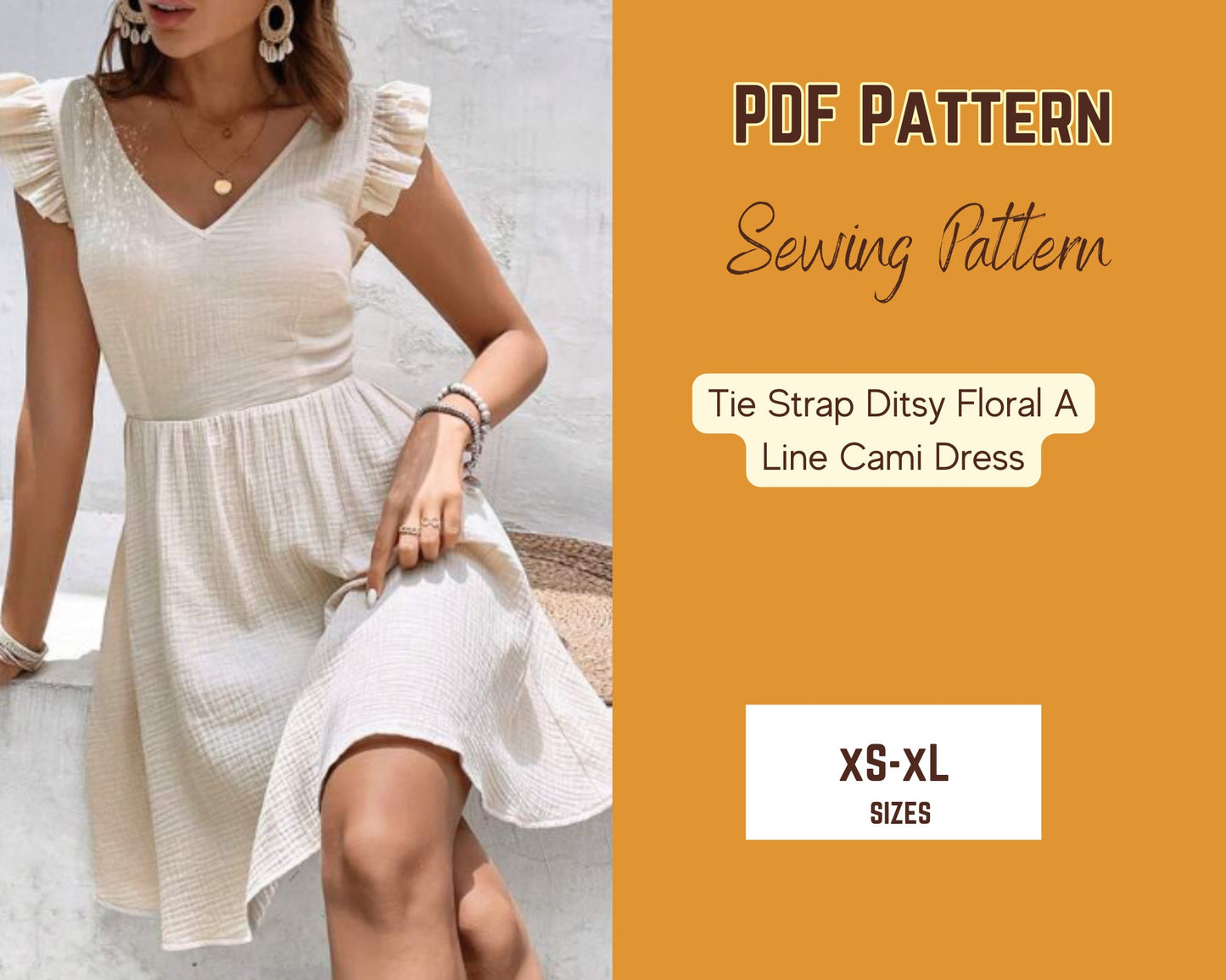 Tie Backless Dress Pattern Ruffle Sleeve Trim A-line PDF Sewing Pattern XS-4XL Woman Mini Vacation Wear lace fabric