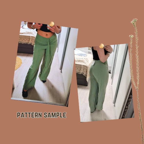 Patrón de pantalón de mujer con fruncido delantero, holgado, PDF digital, tallas XS-XXL, pierna recta, pantalones cómodos, moda de tendencia.
