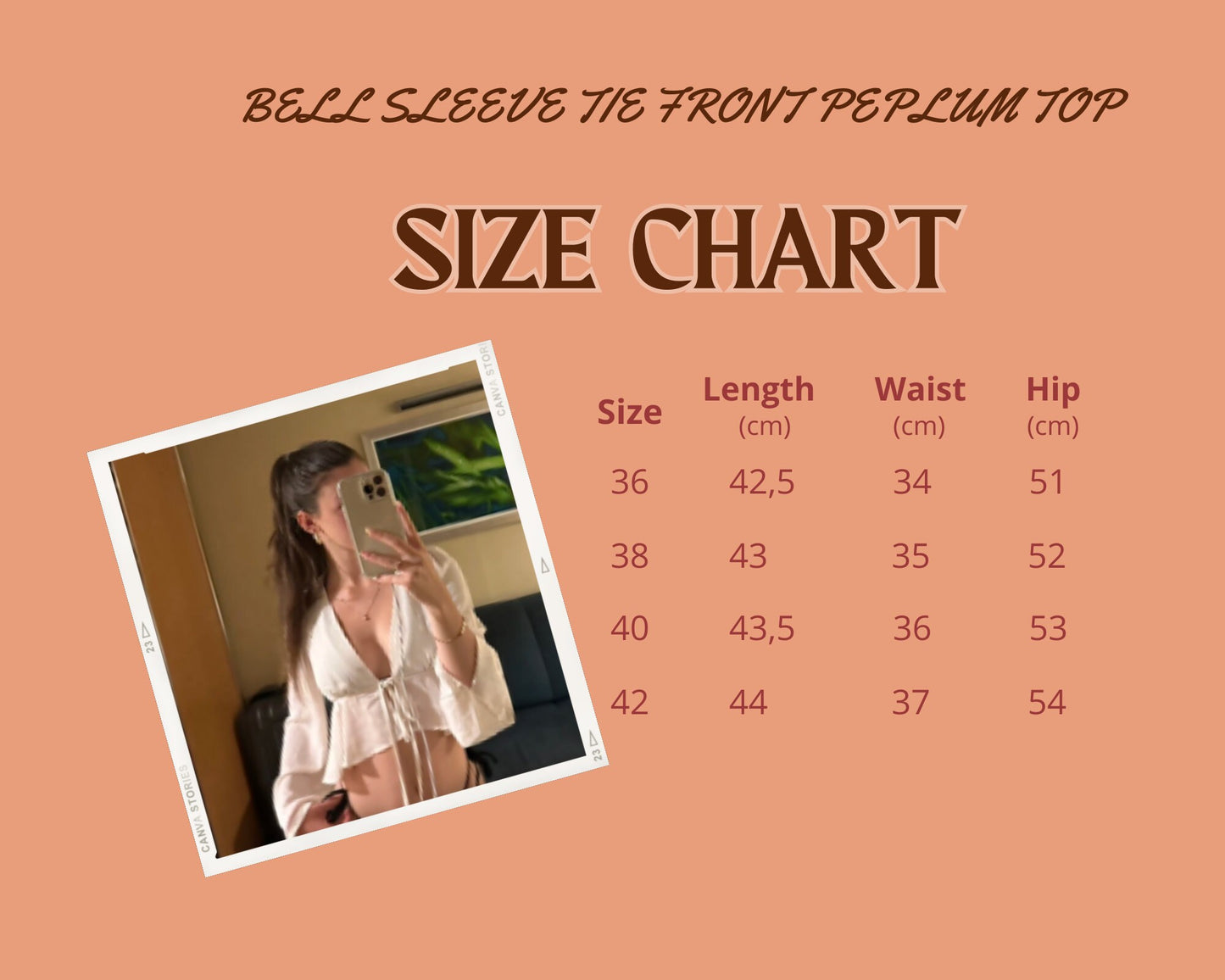 Patrón de costura para blusa con mangas acampanadas, lazo delantero, peplum, volantes en el bajo, tallas XS-XXXL, escote en V profundo.