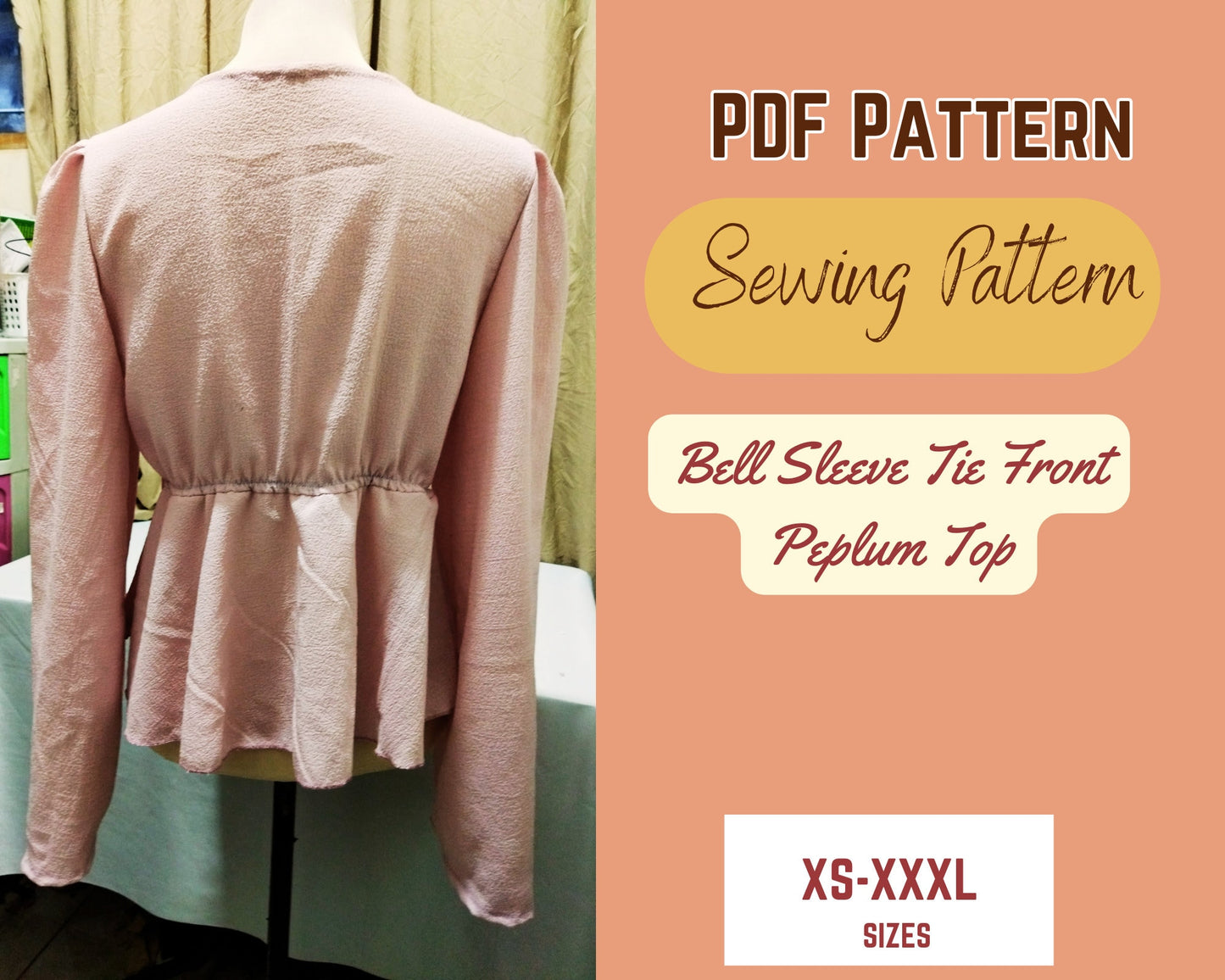 Patrón de costura para blusa con mangas acampanadas, lazo delantero, peplum, volantes en el bajo, tallas XS-XXXL, escote en V profundo.