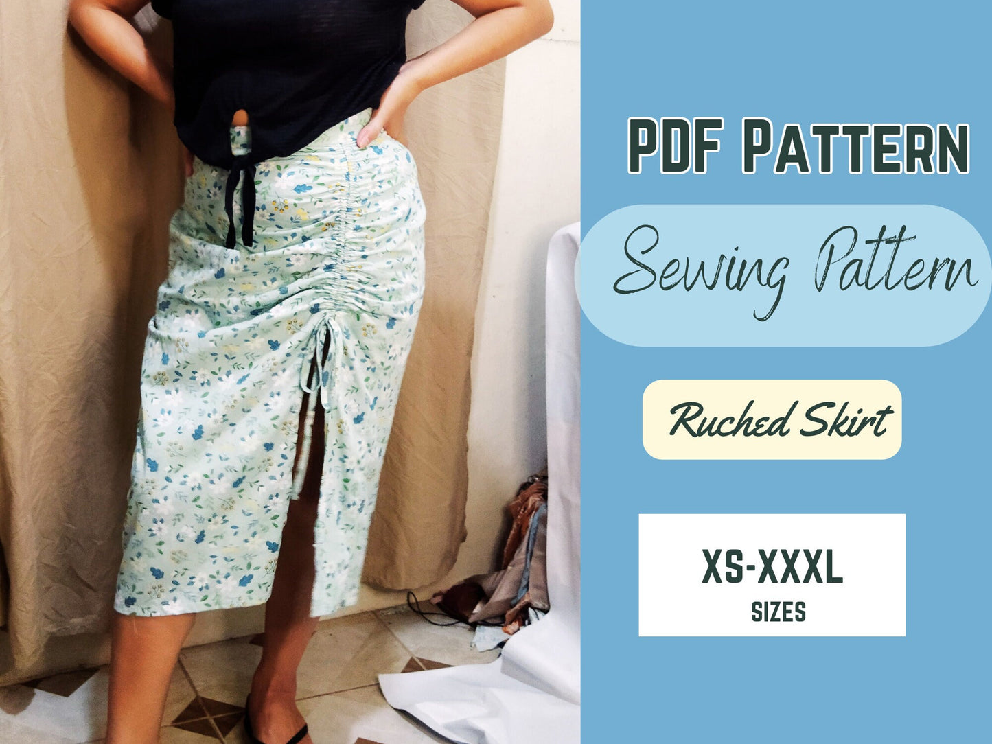 Patrón de costura de falda PDF XS-XXXL Falda con cordón Moda para mujer, Diseño moderno, Patrón fácil de coser, abertura lateral, drapeado fruncido