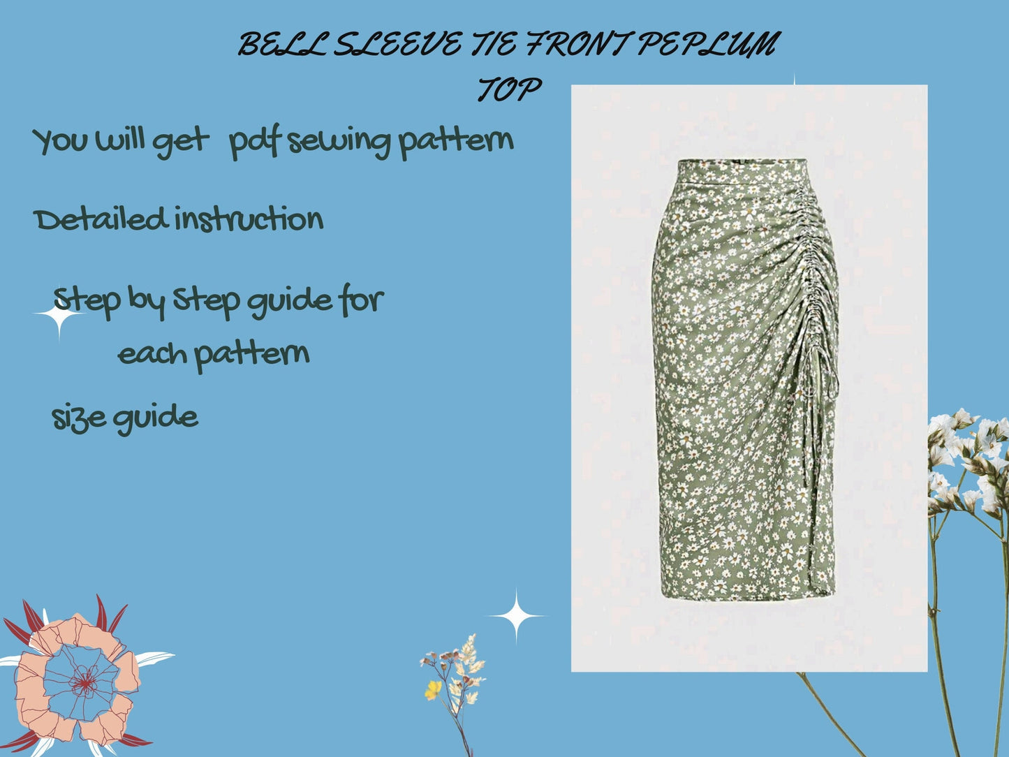 Patrón de costura de falda PDF XS-XXXL Falda con cordón Moda para mujer, Diseño moderno, Patrón fácil de coser, abertura lateral, drapeado fruncido