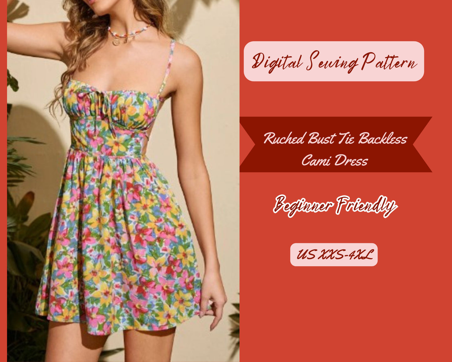 Dress Backless Sewing Pattern, Pdf  XXS-4XL size, Easy to Sew, DIY Sundress, Open back, above the knee , Midi length , Trendy Dress
