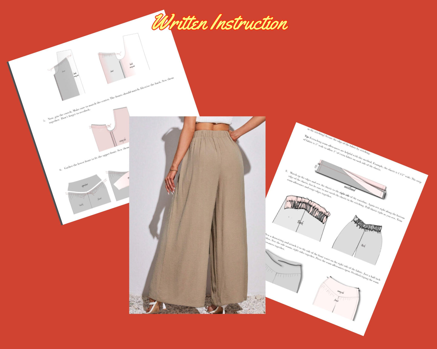 Schnittmuster für weit geschnittene Hosen mit hoher Taille und weitem Bein, lässige lockere Hosen für Frühling und Sommer, DIY-Kleidung für Damen, XS-3XL, Strand-Palazzo, PDF-Muster