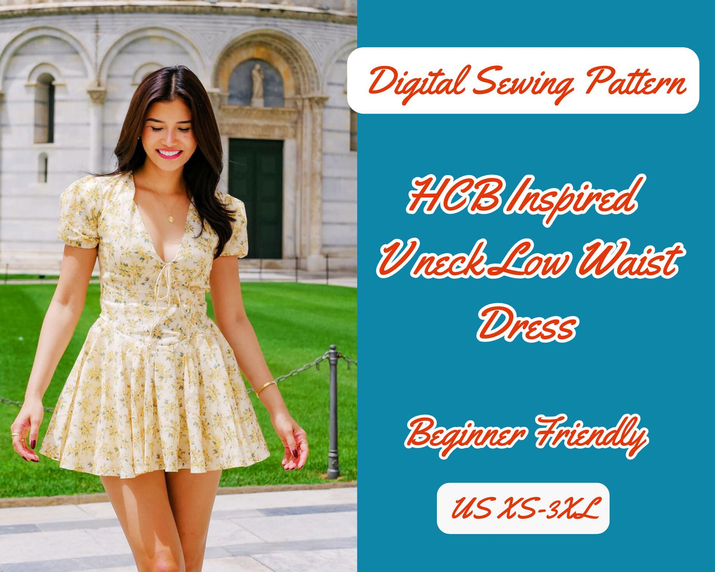 Patrón de vestido de talle bajo, escote pronunciado y mangas abullonadas, vestido corto, archivo digital, vestido de verano, tallas XS-3XL, moda DIY, talle bajo