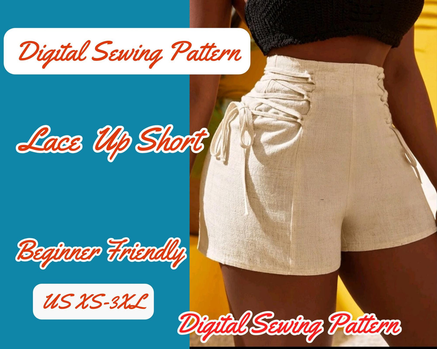 Patrón de costura digital para pantalones cortos de cintura alta con cremallera en la espalda, tallas XS-XL