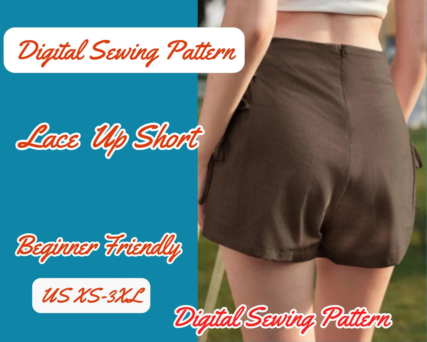 Patrón de costura digital para pantalones cortos de cintura alta con cremallera en la espalda, tallas XS-XL