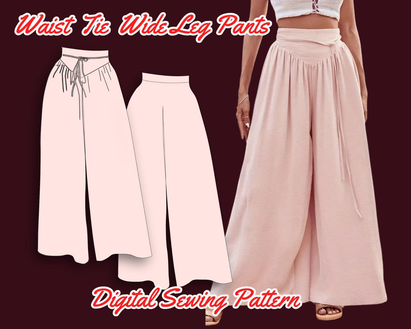 Schnittmuster für weit geschnittene Hosen mit hoher Taille und weitem Bein, lässige lockere Hosen für Frühling und Sommer, DIY-Kleidung für Damen, XS-3XL, Strand-Palazzo, PDF-Muster