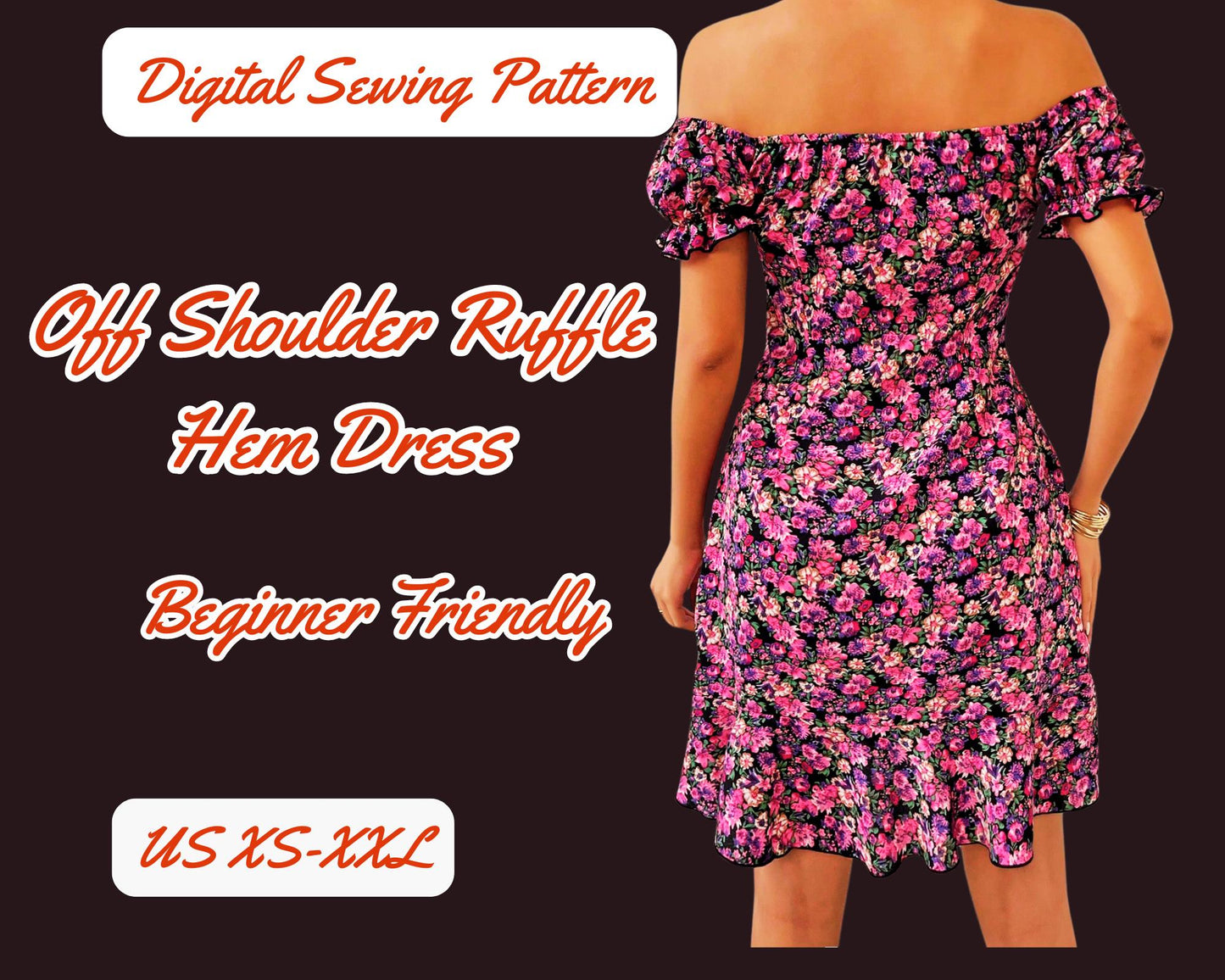 Patrón de vestido con hombros descubiertos, mangas abullonadas, elástico, sexy, PDF, tallas XS-XXL, con lazo delantero, dobladillo con volantes, plantilla para mujer