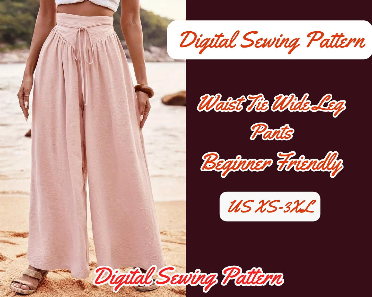 Schnittmuster für weit geschnittene Hosen mit hoher Taille und weitem Bein, lässige lockere Hosen für Frühling und Sommer, DIY-Kleidung für Damen, XS-3XL, Strand-Palazzo, PDF-Muster